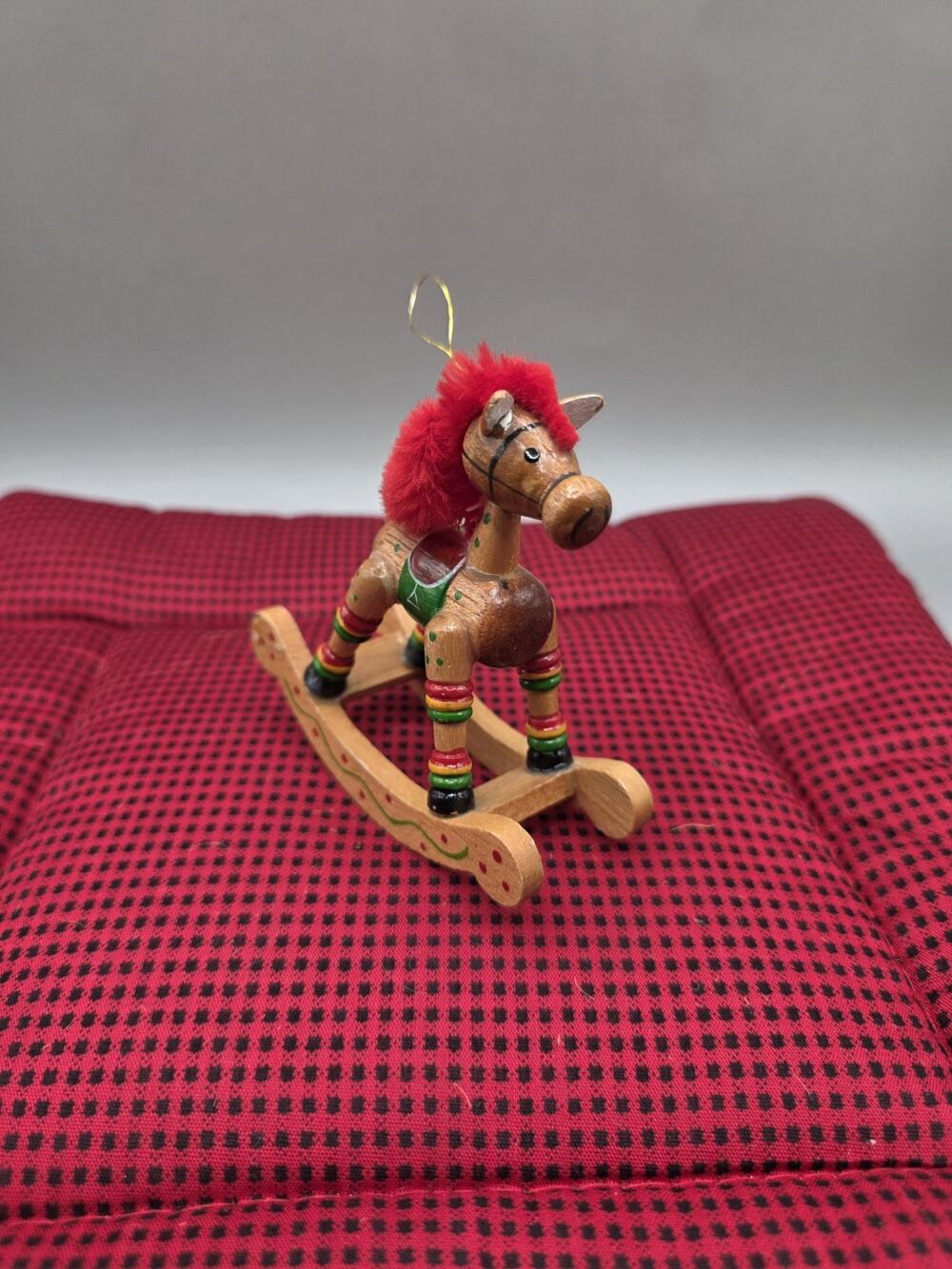 Vintage Wooden Rocking Horse Christmas Tree Ornament Hand Painted Folk Art Toy